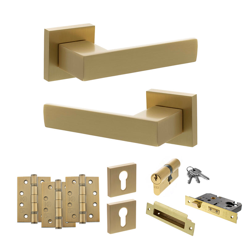 Senza Pari Panetti Door Handle Pack (Euro Lock Set - 2.5" CE Sashlock, 4" Fire Rated Hinges x3) - Satin Brass