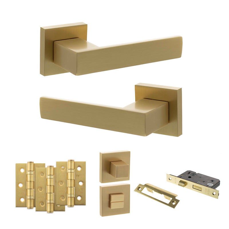 Senza Pari Panetti Door Handle Pack (Bathroom Set - 3" CE Bathroom Lock, 3" Premium Hinges x3) - Satin Brass
