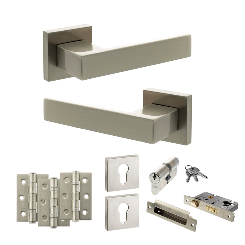 Senza Pari Panetti Door Handle Pack (Euro Lock Set - 2.5" CE Sashlock, 3" Premium Hinges x3) - Satin Nickel