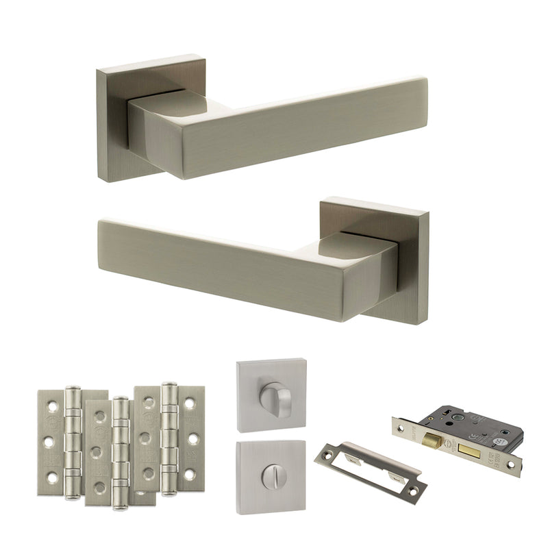 Senza Pari Panetti Door Handle Pack (Bathroom Set - 2.5" CE Bathroom Lock, 3" Premium Hinges x3) - Satin Nickel