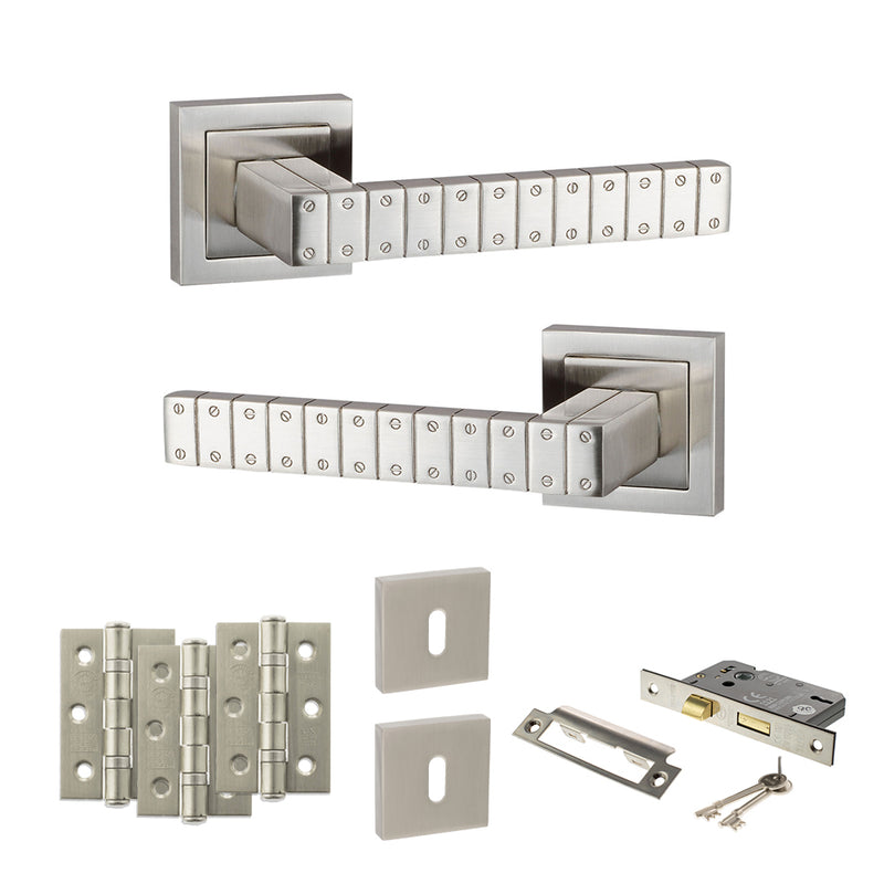 Senza Pari Bianca Door Handle Pack (3 Lever Lock Set - 2.5" CE Sashlock, 3" Premium Hinges x3) - Satin Nickel