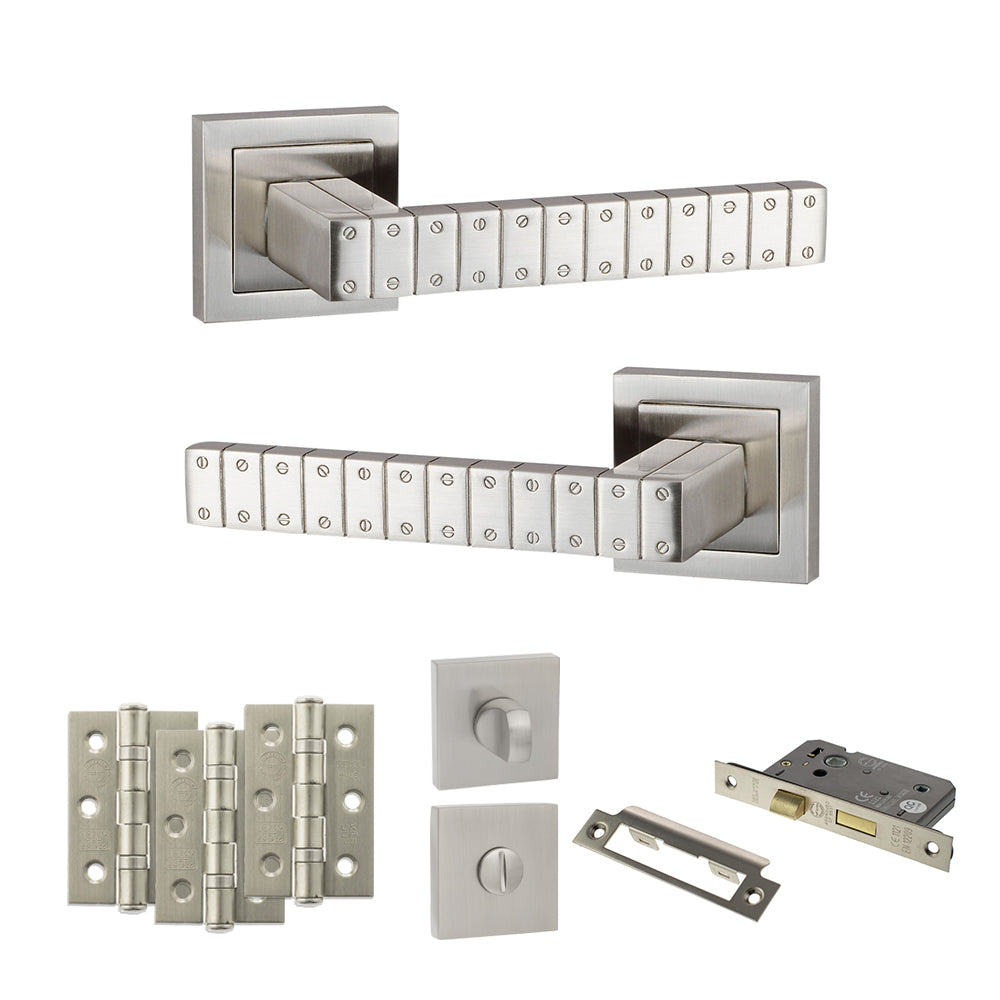 Senza Pari Bianca Door Handle Pack (Bathroom Set - 2.5" CE Bathroom Lock, 3" Premium Hinges x3) - Satin Nickel