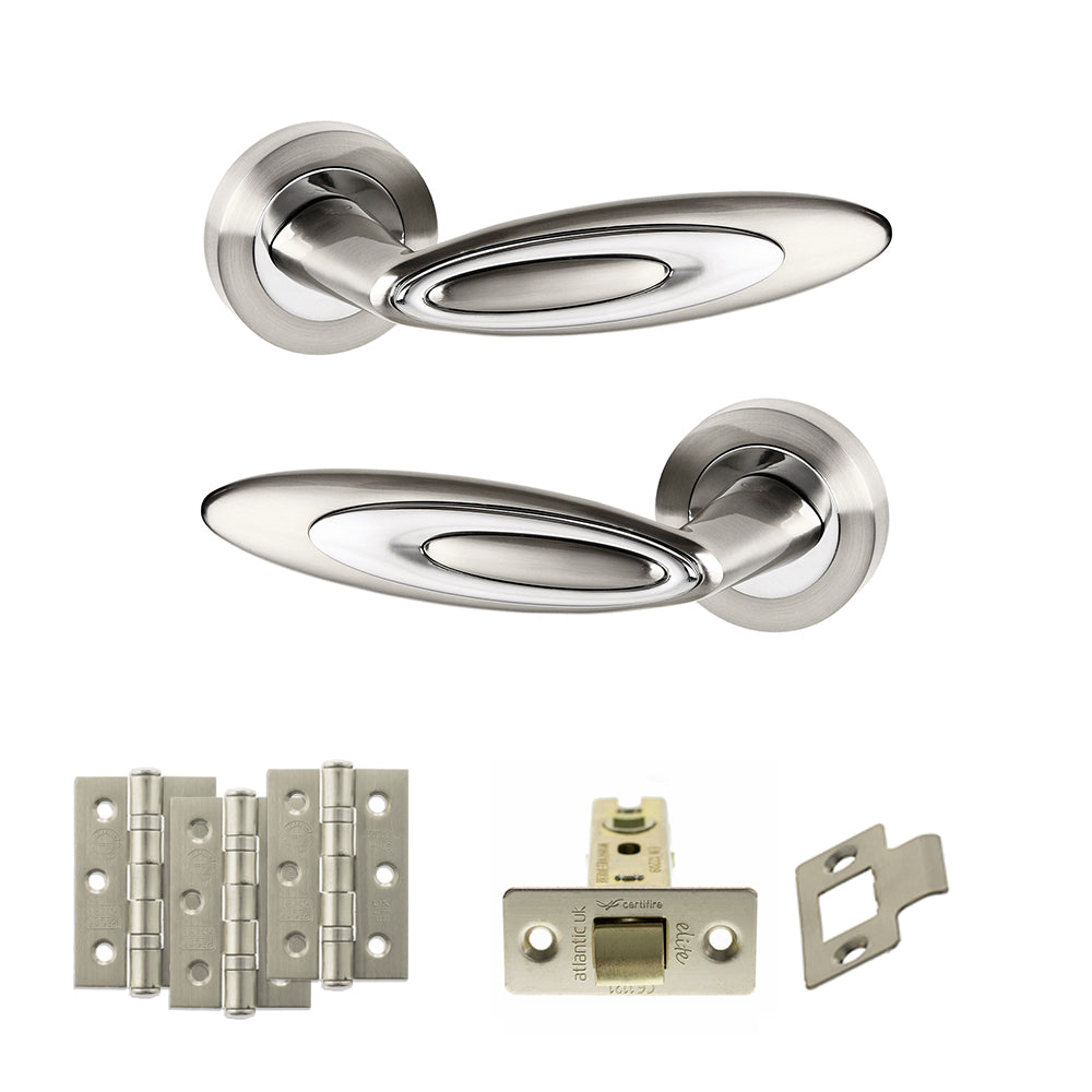 Senza Pari Elisse Door Handle Pack (Latch Set - 2.5" CE Latch, 3" Premium Hinges x3) - Satin Nickel/Chrome Plate