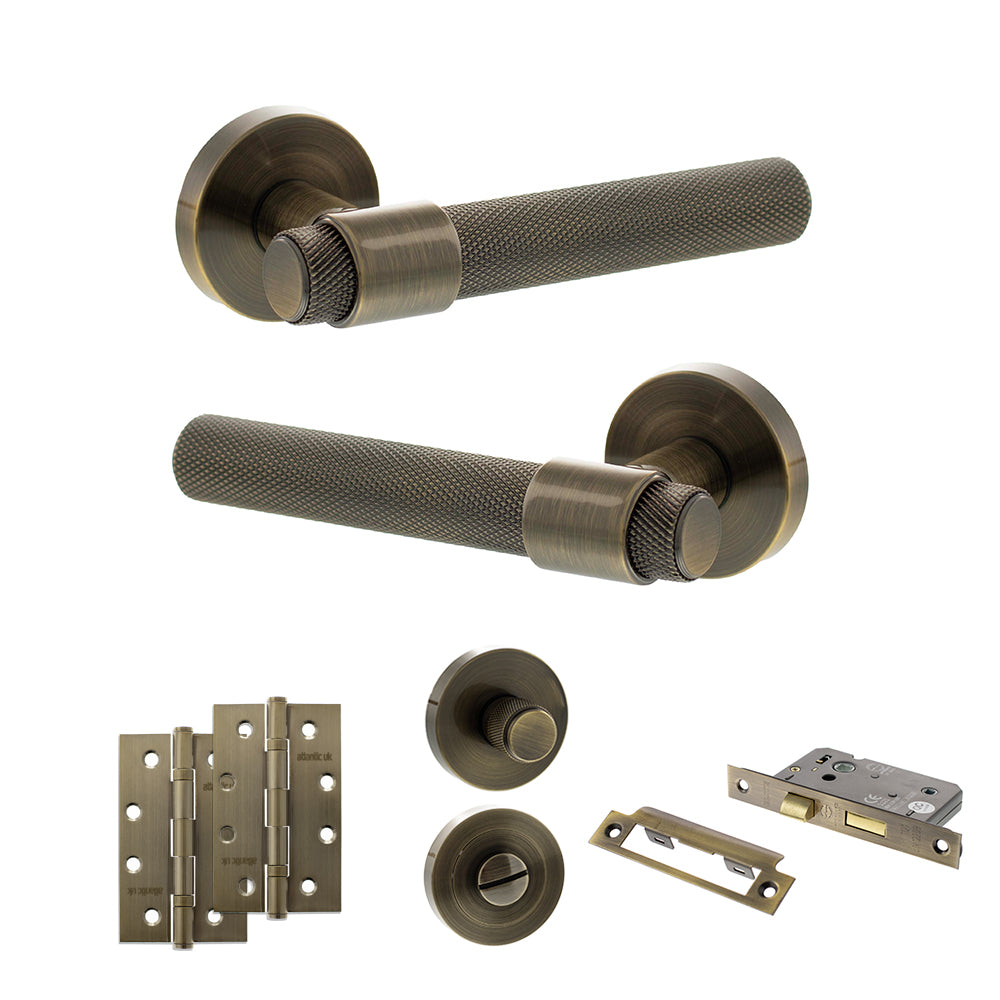 Senza Pari Andretta Door Handle Pack (Bathroom Set - 3" CE Bathroom Lock, 4" Slim Knuckle Hinges x2) - Antique Brass