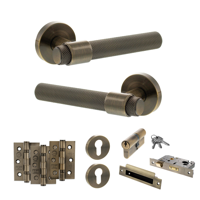 Senza Pari Andretta Door Handle Pack (Euro Lock Set - 3" CE Sashlock, 3" Premium Hinges x3) - Antique Brass