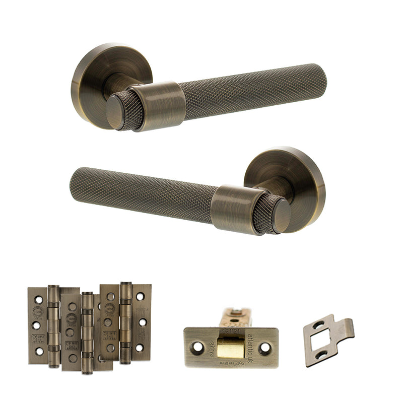 Senza Pari Andretta Door Handle Pack (Latch Set - 3" CE Latch, 3" Premium Hinges x3) - Antique Brass
