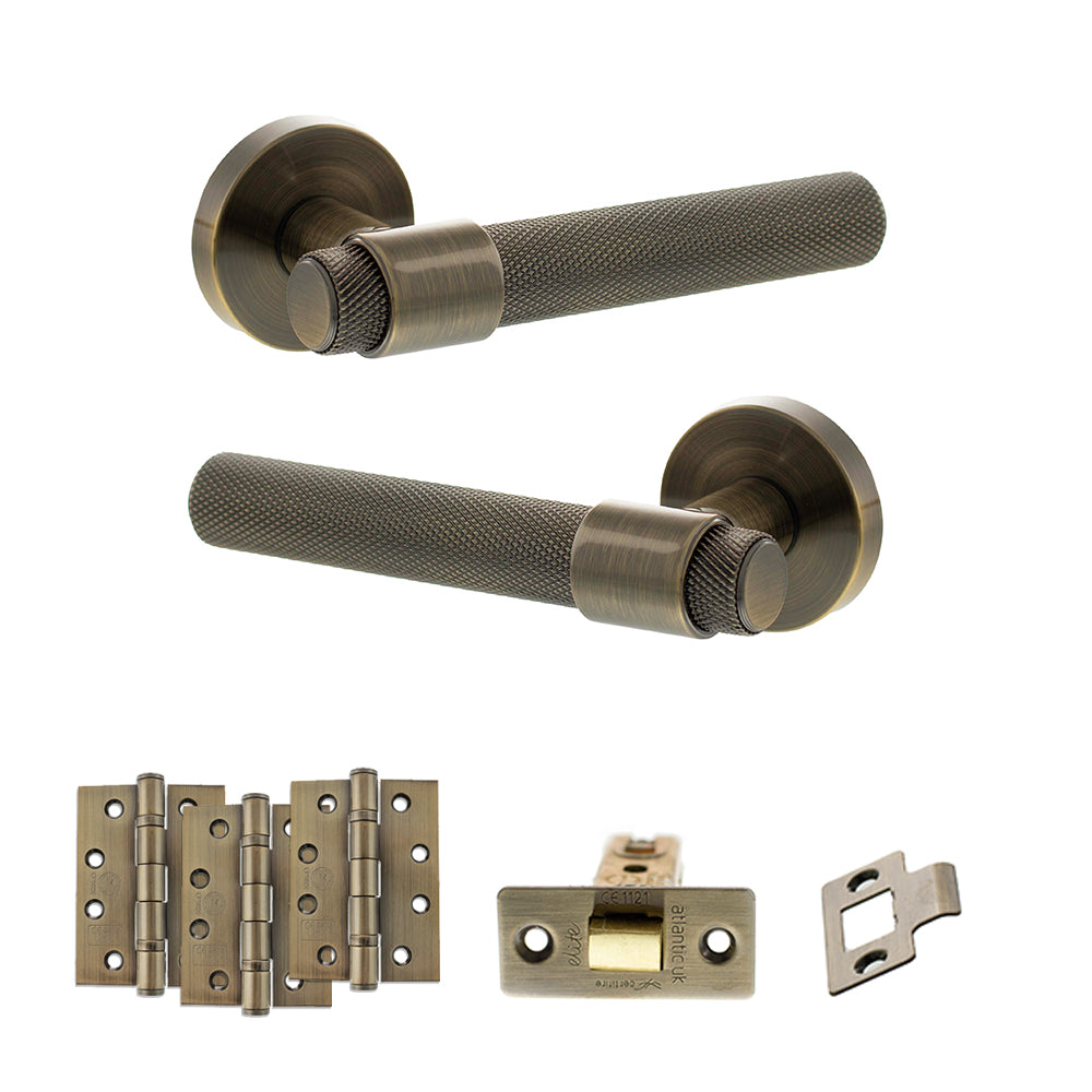 Senza Pari Andretta Door Handle Pack (Latch Set - 2.5" CE Latch, 4" Fire Rated Hinges x3) - Antique Brass
