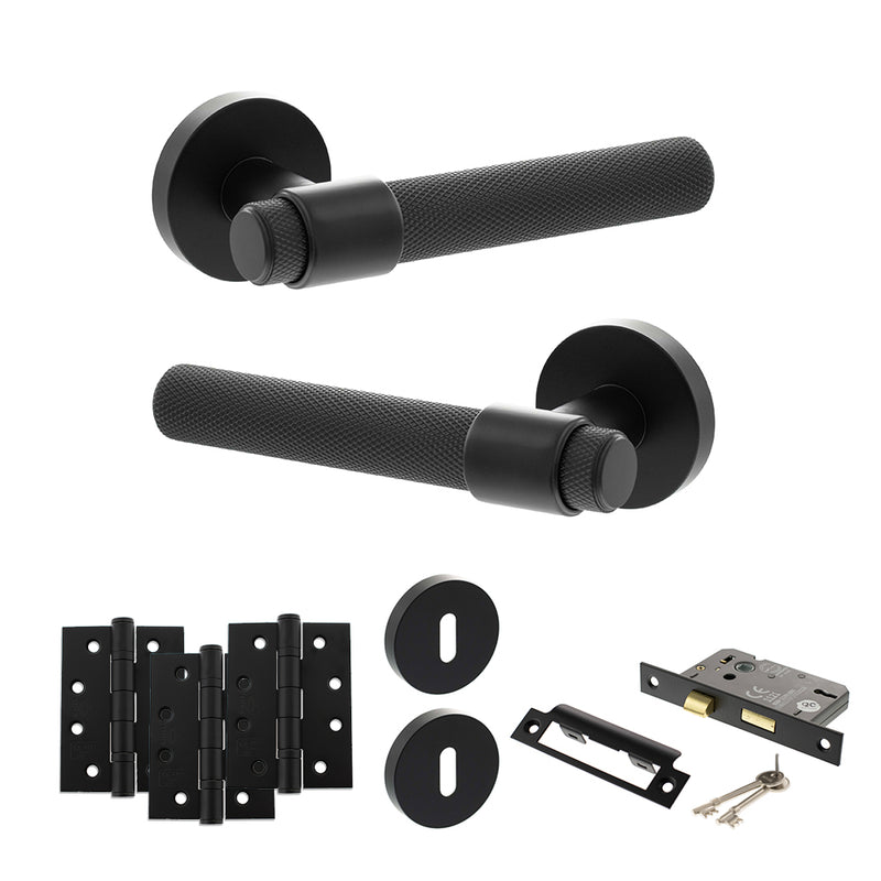 Senza Pari Andretta Door Handle Pack (3 Lever Lock Set - 2.5" CE Sashlock, 4" Fire Rated Hinges x3) - Matt Black