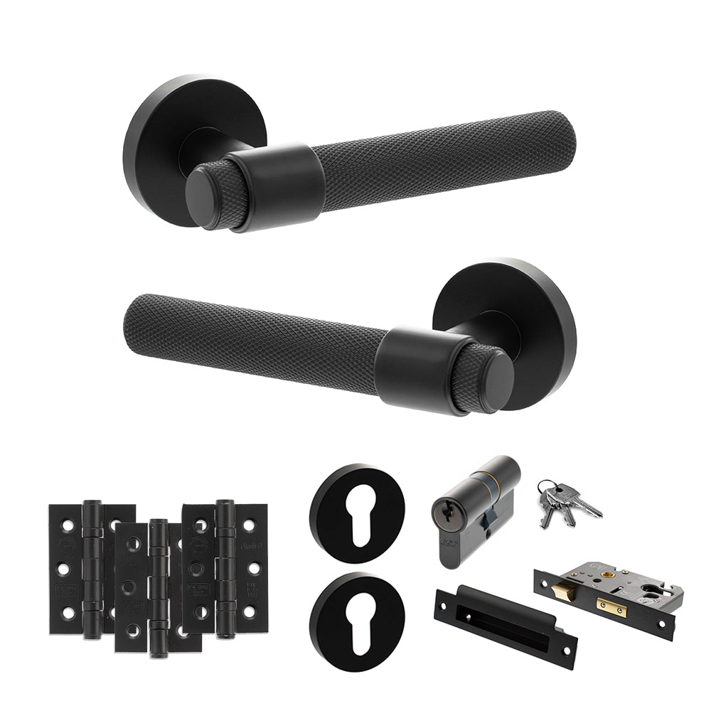 Senza Pari Andretta Door Handle Pack (Euro Lock Set - 2.5" CE Sashlock, 3" Premium Hinges x3) - Matt Black
