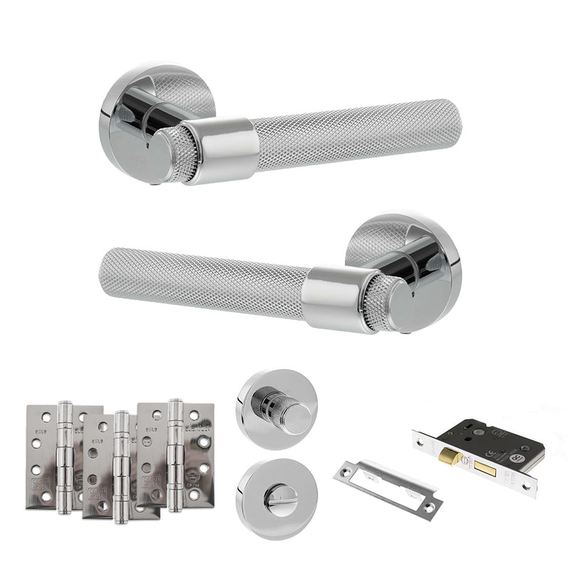 Senza Pari Andretta Door Handle Pack (Bathroom Set - 2.5" CE Bathroom Lock, 4" Fire Rated Hinges x3) - Polished Chrome