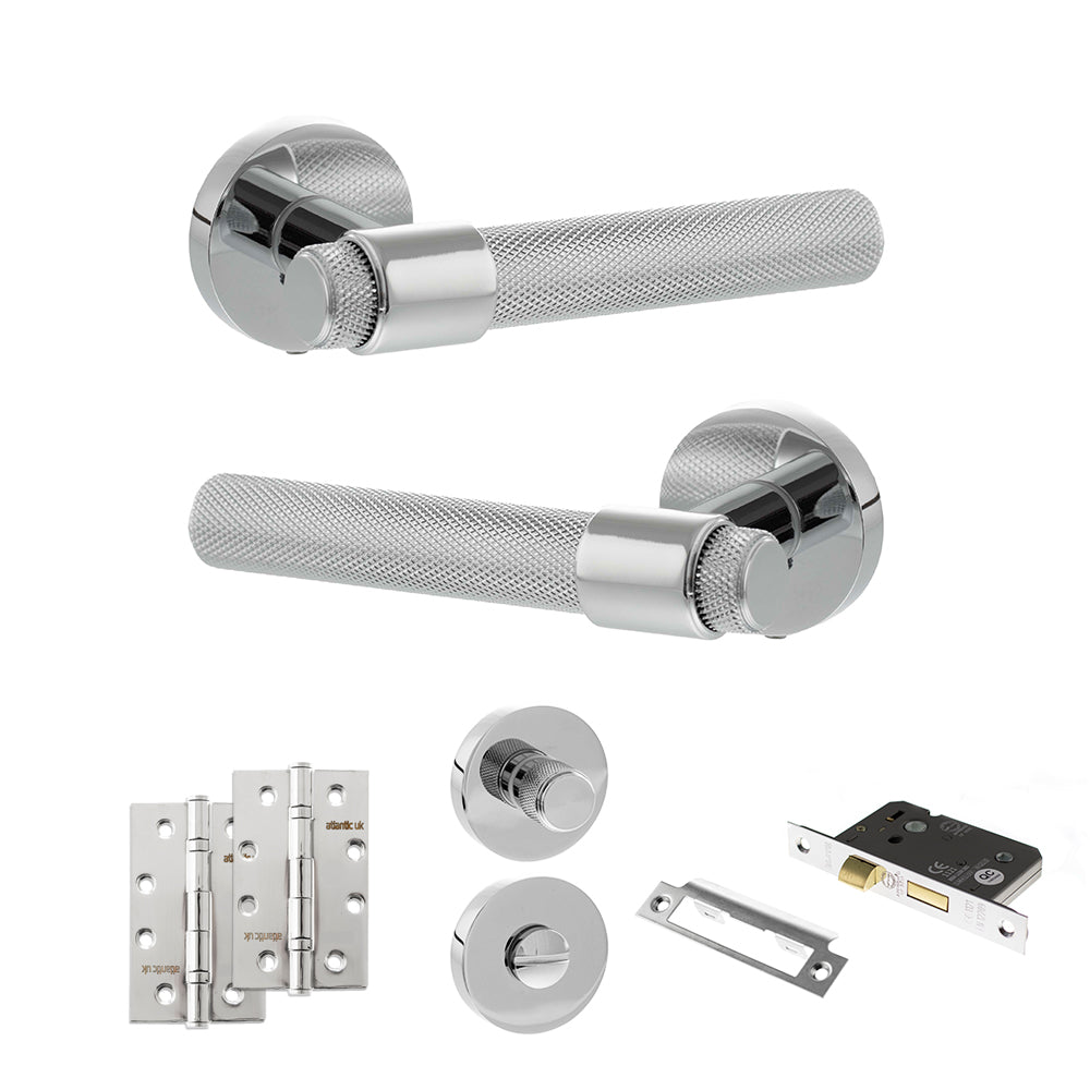 Senza Pari Andretta Door Handle Pack (Bathroom Set - 2.5" CE Bathroom Lock, 4" Slim Knuckle Hinges x2) - Polished Chrome