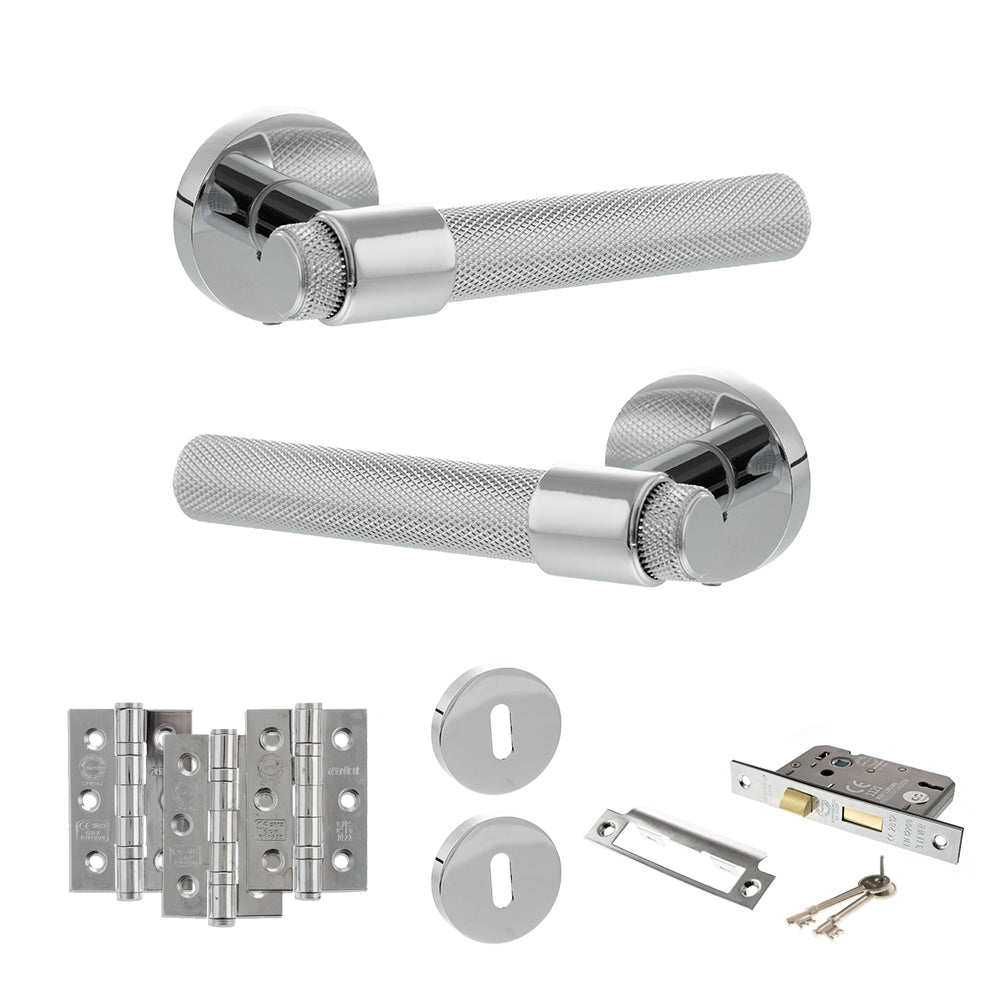 Senza Pari Andretta Door Handle Pack (3 Lever Lock Set - 2.5" CE Sashlock, 3" Premium Hinges x3) - Polished Chrome