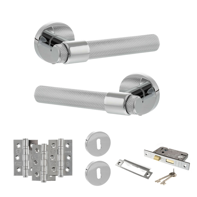 Senza Pari Andretta Door Handle Pack (3 Lever Lock Set - 2.5" CE Sashlock, 3" Fire Rated Hinges x3) - Polished Chrome