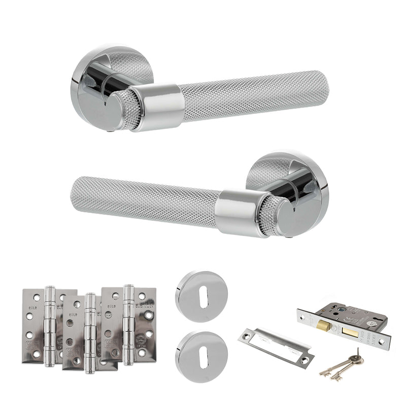 Senza Pari Andretta Door Handle Pack (3 Lever Lock Set - 3" CE Sashlock, 4" Fire Rated Hinges x3) - Polished Chrome