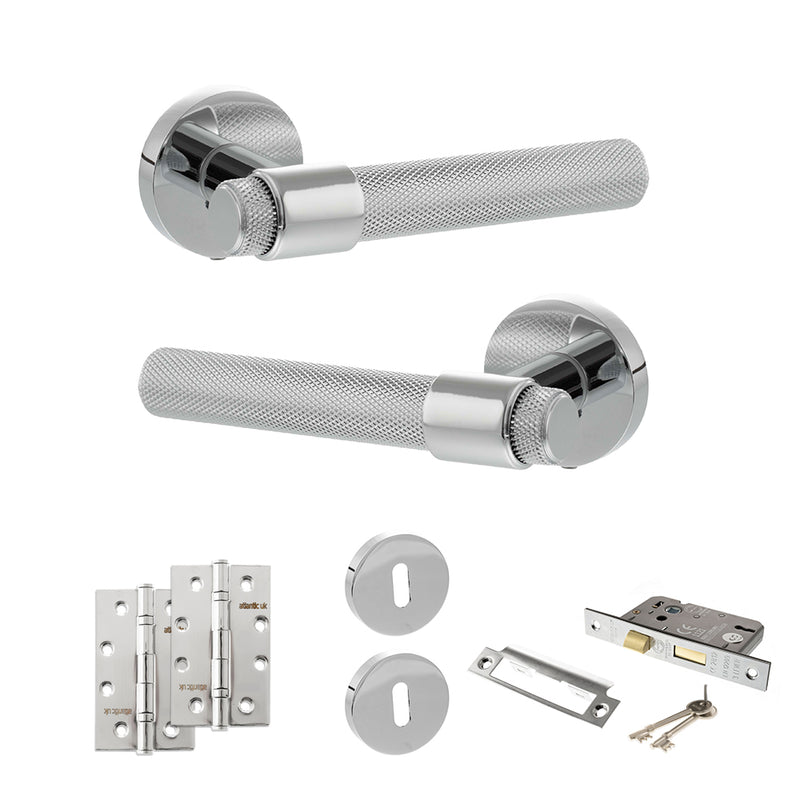 Senza Pari Andretta Door Handle Pack (3 Lever Lock Set - 2.5" CE Sashlock, 4" Slim Knuckle Hinges x2) - Polished Chrome