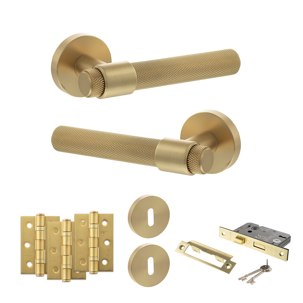 Senza Pari Andretta Door Handle Pack (3 Lever Lock Set - 2.5" CE Sashlock, 3" Premium Hinges x3) - Satin Brass