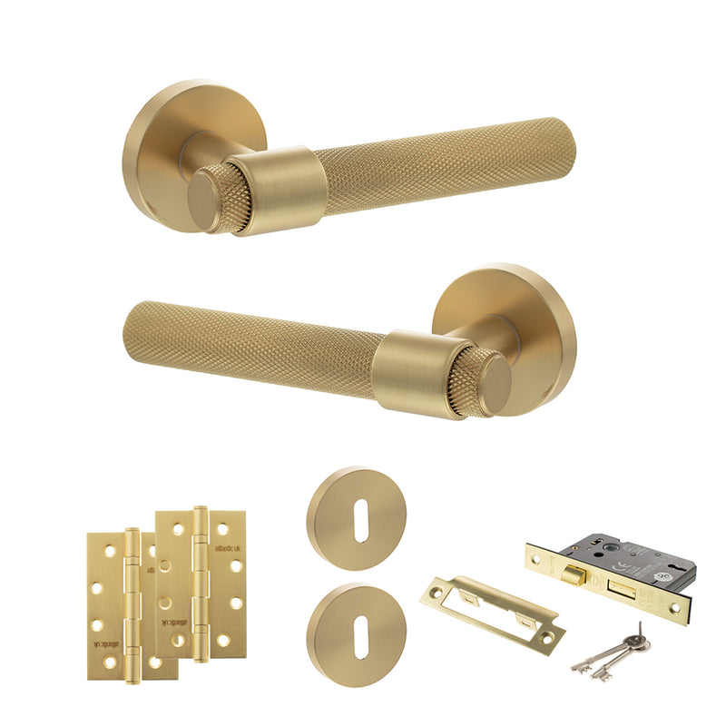 Senza Pari Andretta Door Handle Pack (3 Lever Lock Set - 2.5" CE Sashlock, 4" Slim Knuckle Hinges x2) - Satin Brass