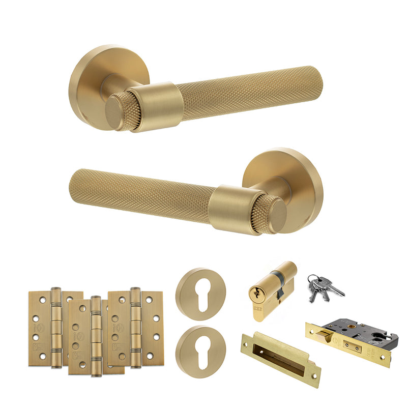 Senza Pari Andretta Door Handle Pack (Euro Lock Set - 3" CE Sashlock, 4" Fire Rated Hinges x3) - Satin Brass