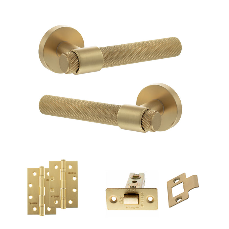 Senza Pari Andretta Door Handle Pack (Latch Set - 3" CE Latch, 4" Slim Knuckle Hinges x2) - Satin Brass