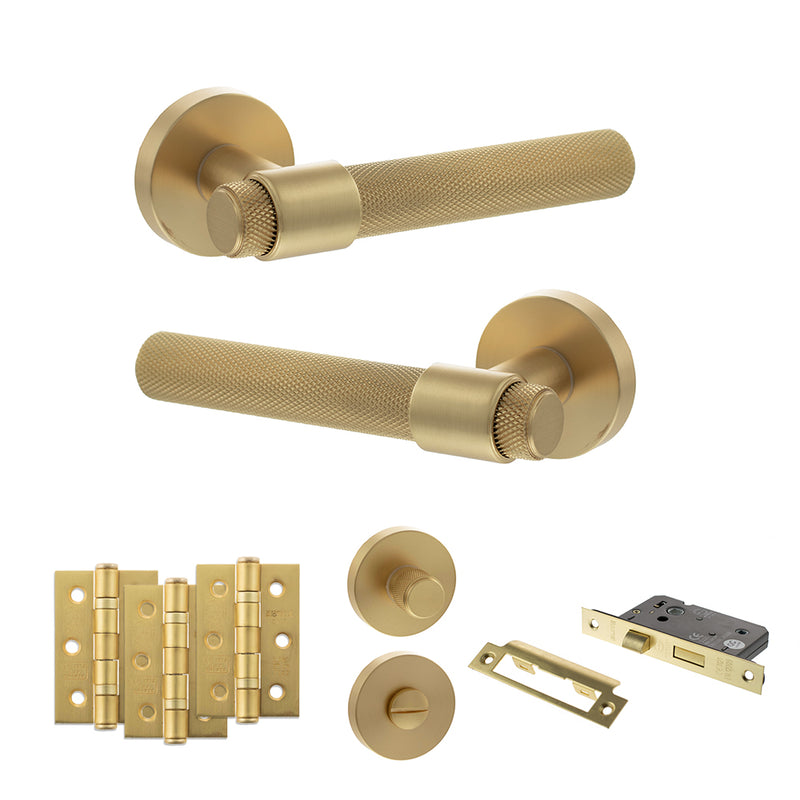 Senza Pari Andretta Door Handle Pack (Bathroom Set - 3" CE Bathroom Lock, 3" Premium Hinges x3) - Satin Brass