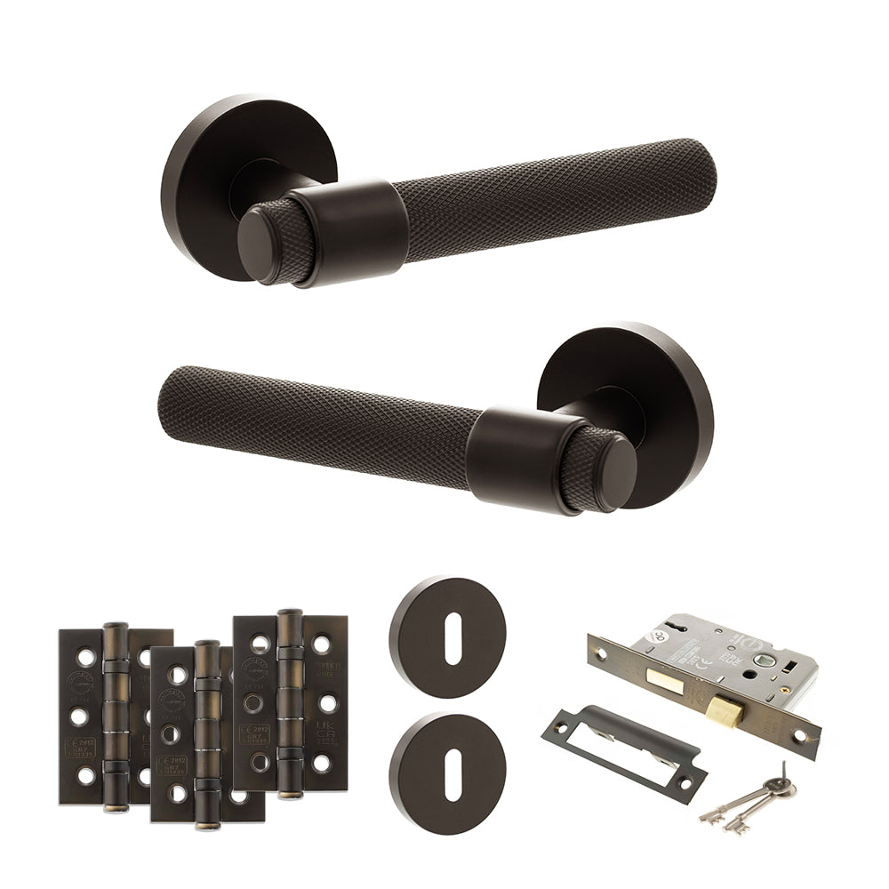 Senza Pari Andretta Door Handle Pack (3 Lever Lock Set - 2.5" CE Sashlock, 3" Premium Hinges x3) - Urban Dark Bronze