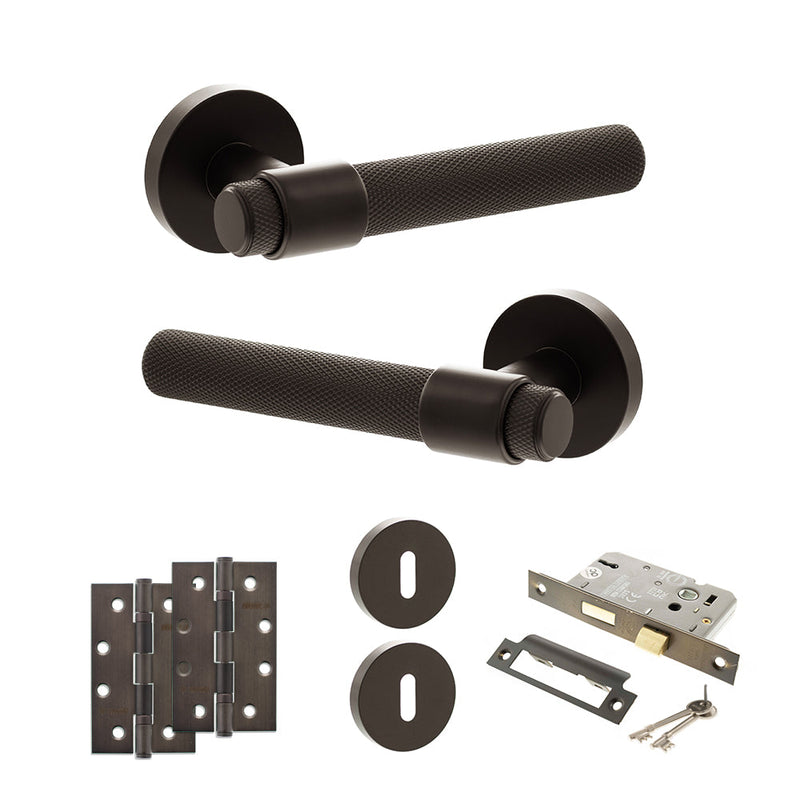 Senza Pari Andretta Door Handle Pack (3 Lever Lock Set - 3" CE Sashlock, 4" Slim Knuckle Hinges x2) - Urban Dark Bronze