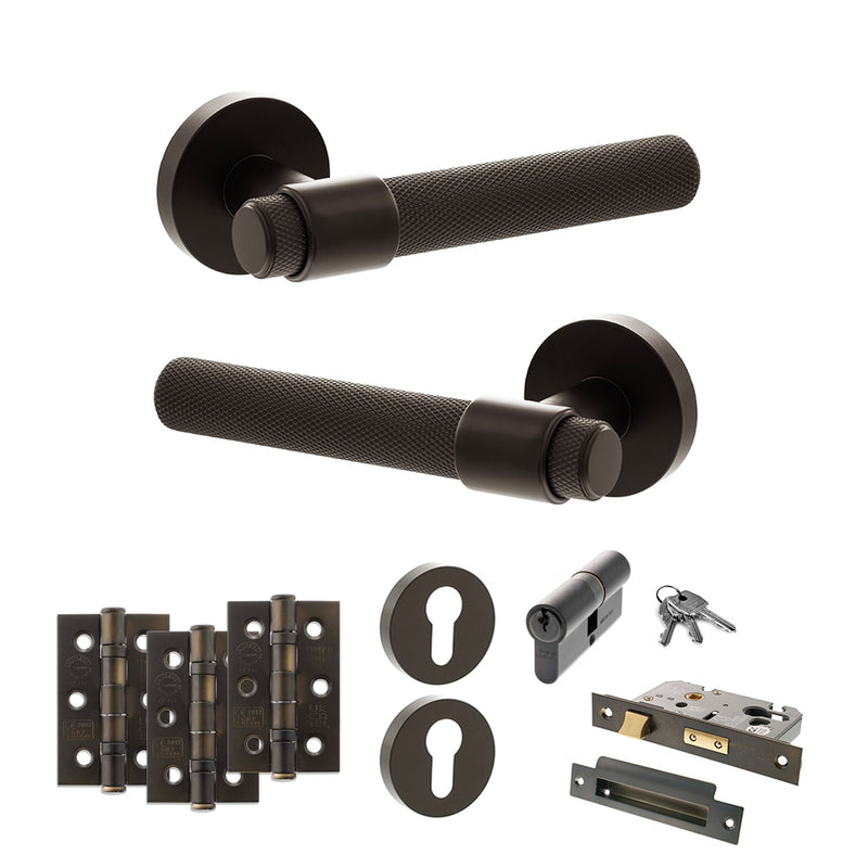 Senza Pari Andretta Door Handle Pack (Euro Lock Set - 2.5" CE Sashlock, 3" Premium Hinges x3) - Urban Dark Bronze