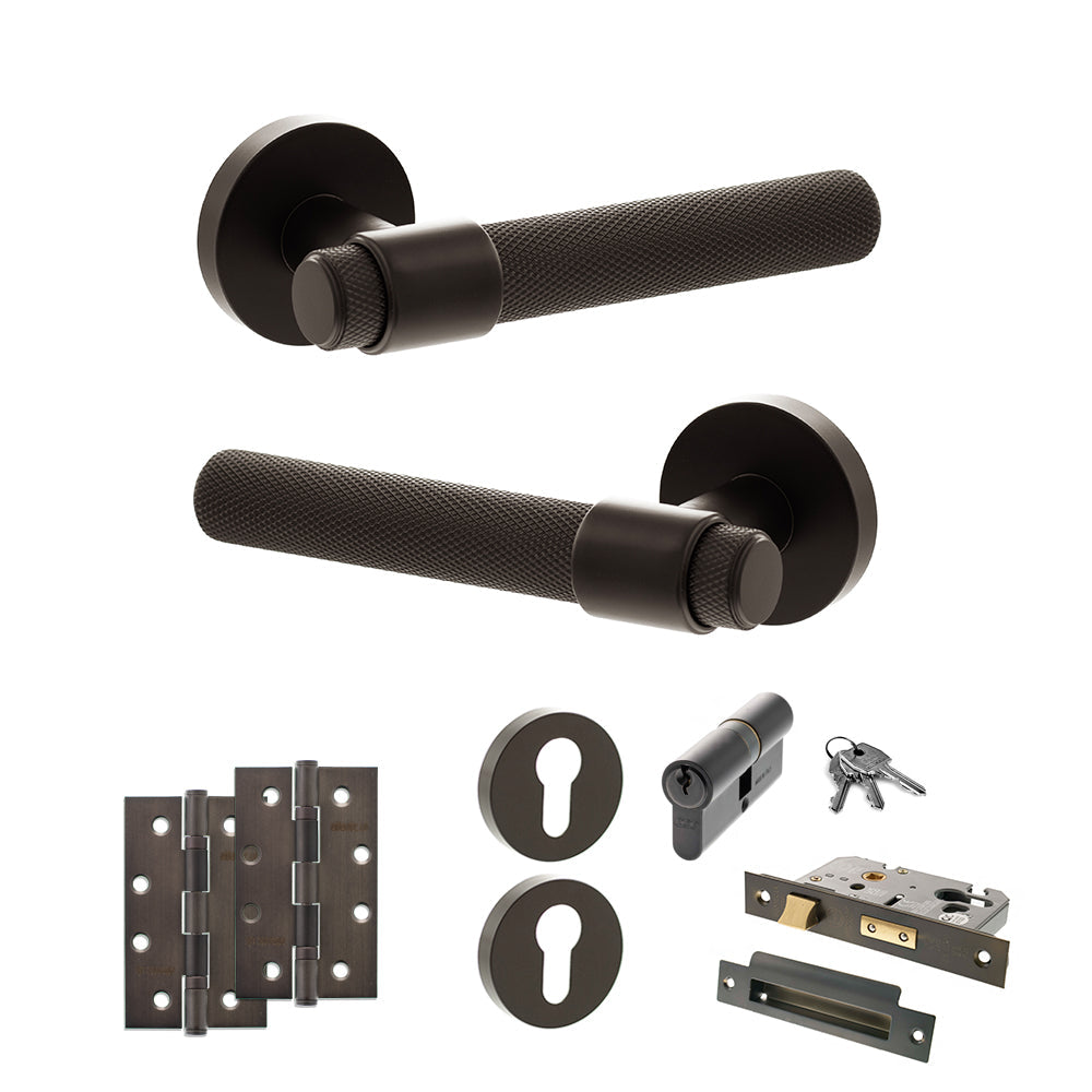 Senza Pari Andretta Door Handle Pack (Euro Lock Set - 3" CE Sashlock, 4" Slim Knuckle Hinges x2) - Urban Dark Bronze