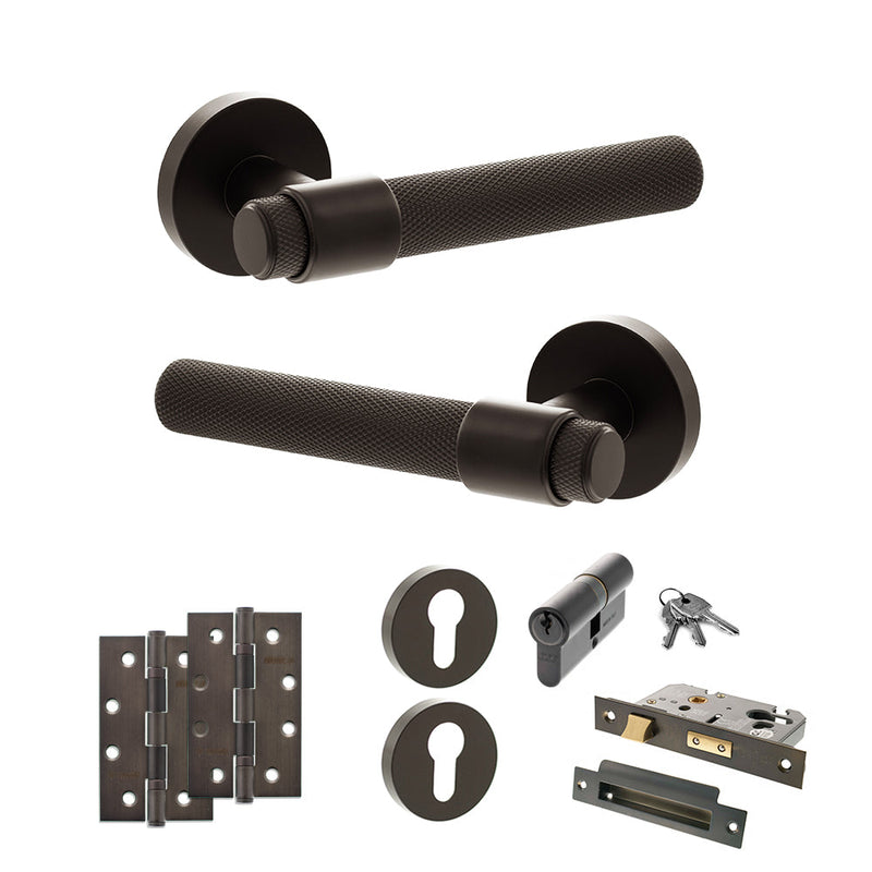 Senza Pari Andretta Door Handle Pack (Euro Lock Set - 3" CE Sashlock, 4" Slim Knuckle Hinges x2) - Urban Dark Bronze