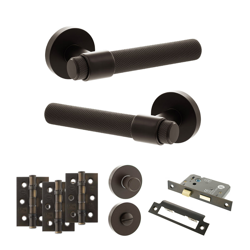 Senza Pari Andretta Door Handle Pack (Bathroom Set - 2.5" CE Bathroom Lock, 3" Premium Hinges x3) - Urban Dark Bronze