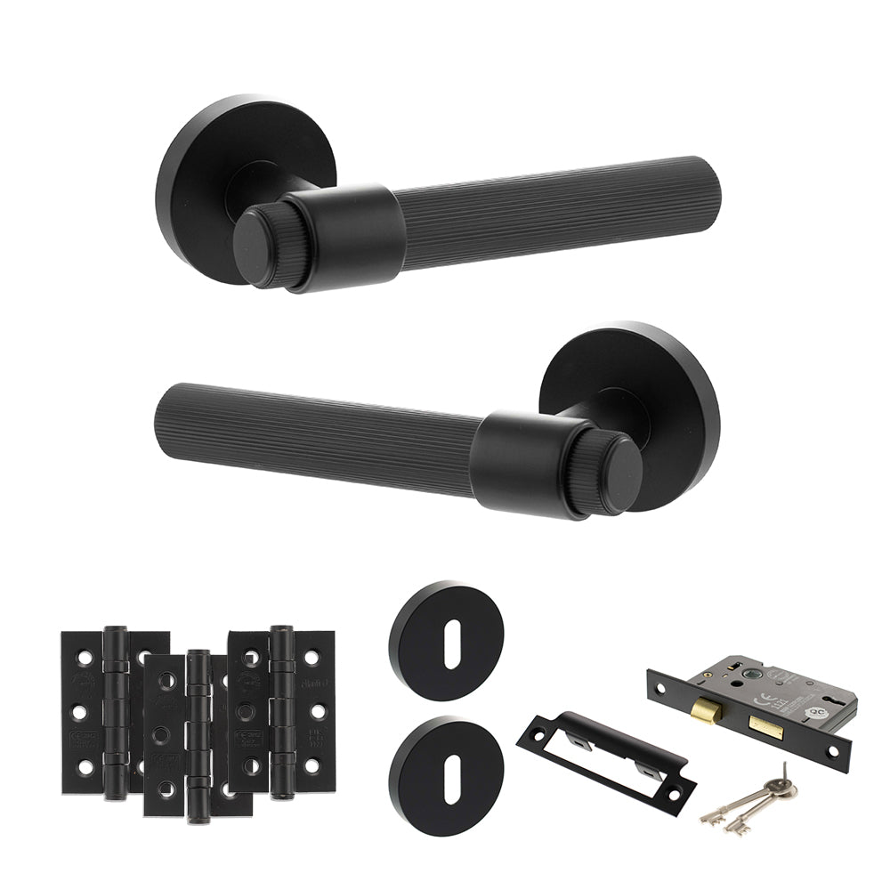 Senza Pari Fasana Door Handle Pack (3 Lever Lock Set - 2.5" CE Sashlock, 3" Premium Hinges x3) - Matt Black