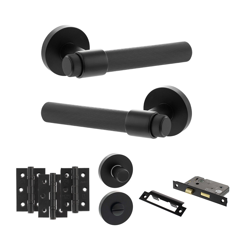 Senza Pari Fasana Door Handle Pack (Bathroom Set - 2.5" CE Bathroom Lock, 3" Premium Hinges x3) - Matt Black