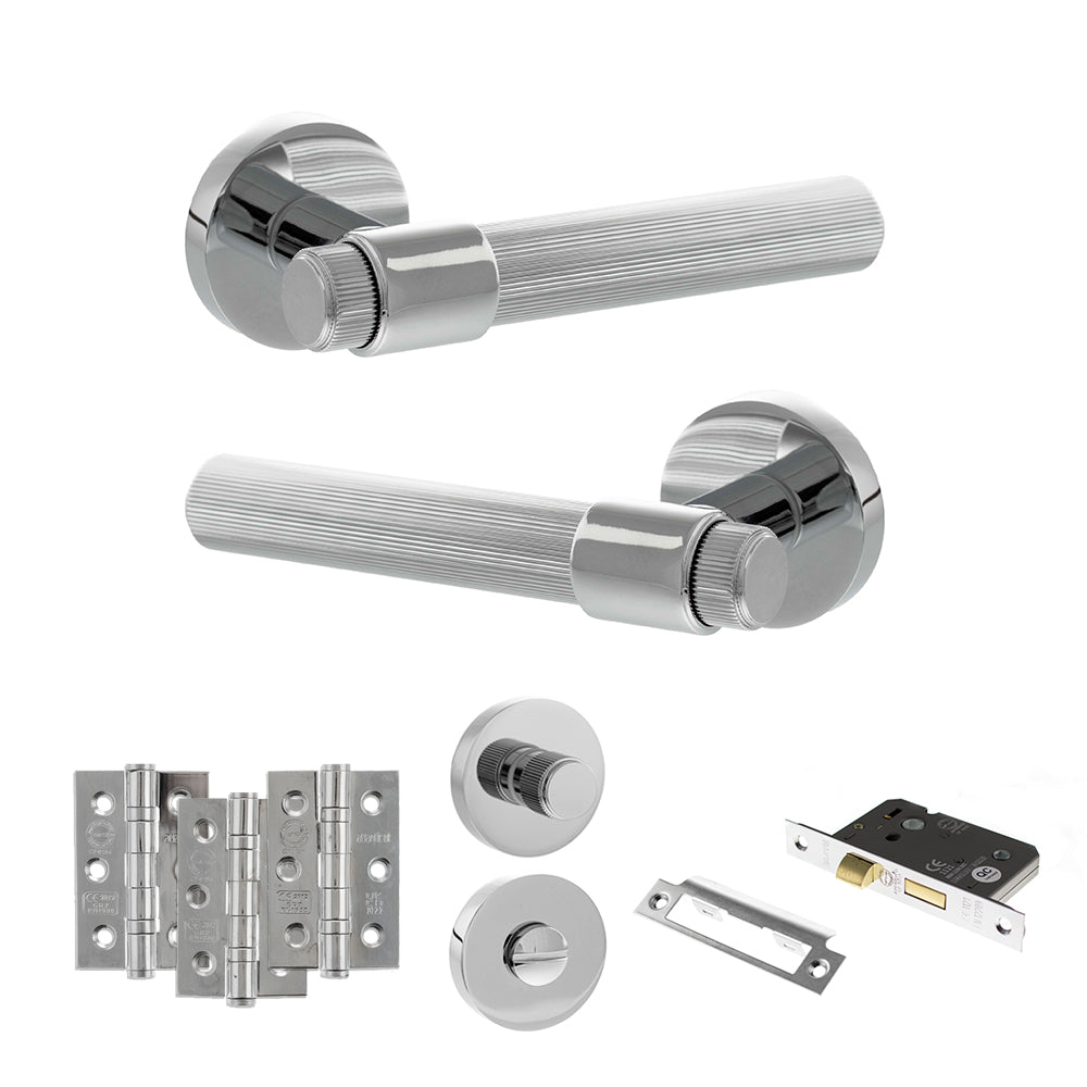 Senza Pari Fasana Door Handle Pack (Bathroom Set - 2.5" CE Bathroom Lock, 3" Premium Hinges x3) - Polished Chrome