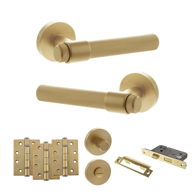Senza Pari Fasana Door Handle Pack (Bathroom Set - 3" CE Bathroom Lock, 4" Fire Rated Hinges x3) - Satin Brass
