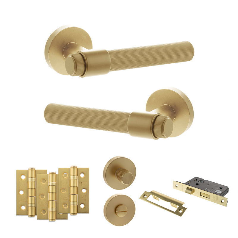 Senza Pari Fasana Door Handle Pack (Bathroom Set - 3" CE Bathroom Lock, 3" Premium Hinges x3) - Satin Brass