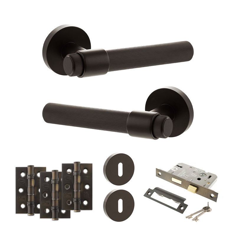 Senza Pari Fasana Door Handle Pack (3 Lever Lock Set - 2.5" CE Sashlock, 3" Premium Hinges x3) - Urban Dark Bronze