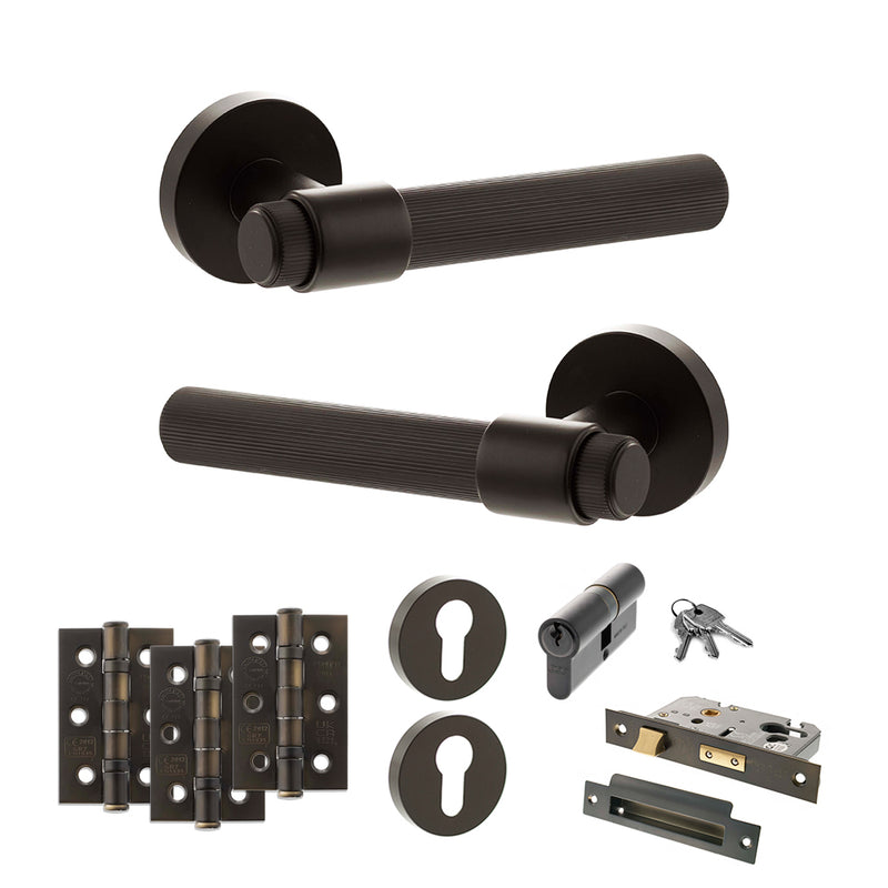 Senza Pari Fasana Door Handle Pack (Euro Lock Set - 2.5" CE Sashlock, 3" Premium Hinges x3) - Urban Dark Bronze