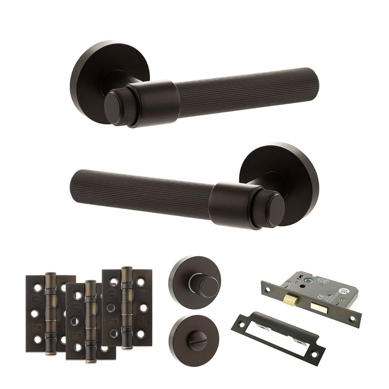 Senza Pari Fasana Door Handle Pack (Bathroom Set - 3" CE Bathroom Lock, 3" Premium Hinges x3) - Urban Dark Bronze
