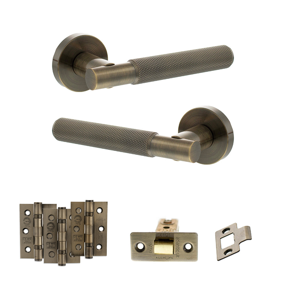 Senza Pari Rosarno Door Handle Pack (Latch Set - 2.5" CE Latch, 3" Premium Hinges x3) - Antique Brass