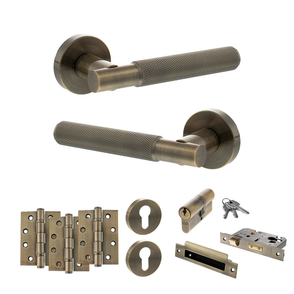 Senza Pari Rosarno Door Handle Pack (Euro Lock Set - 2.5" CE Sashlock, 4" Fire Rated Hinges x3) - Antique Brass