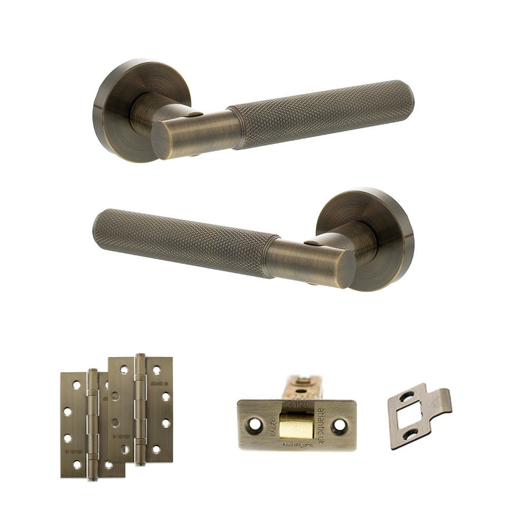 Senza Pari Rosarno Door Handle Pack (Latch Set - 2.5" CE Latch, 4" Slim Knuckle Hinges x2) - Antique Brass