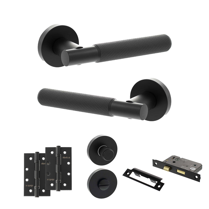 Senza Pari Rosarno Door Handle Pack (Bathroom Set - 2.5" CE Bathroom Lock, 4" Slim Knuckle Hinges x2) - Matt Black