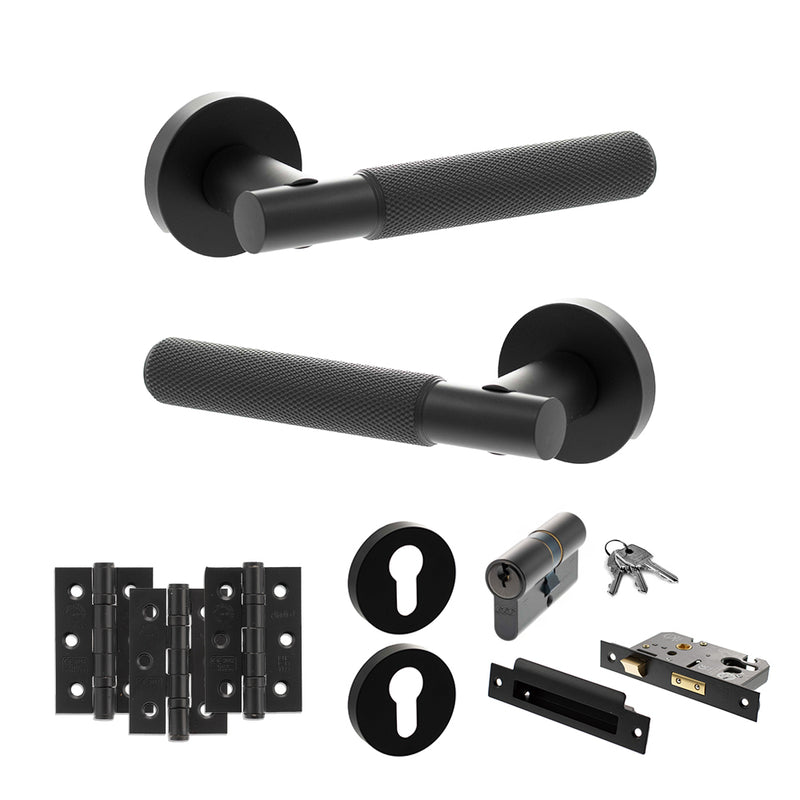 Senza Pari Rosarno Door Handle Pack (Euro Lock Set - 3" CE Sashlock, 3" Premium Hinges x3) - Matt Black