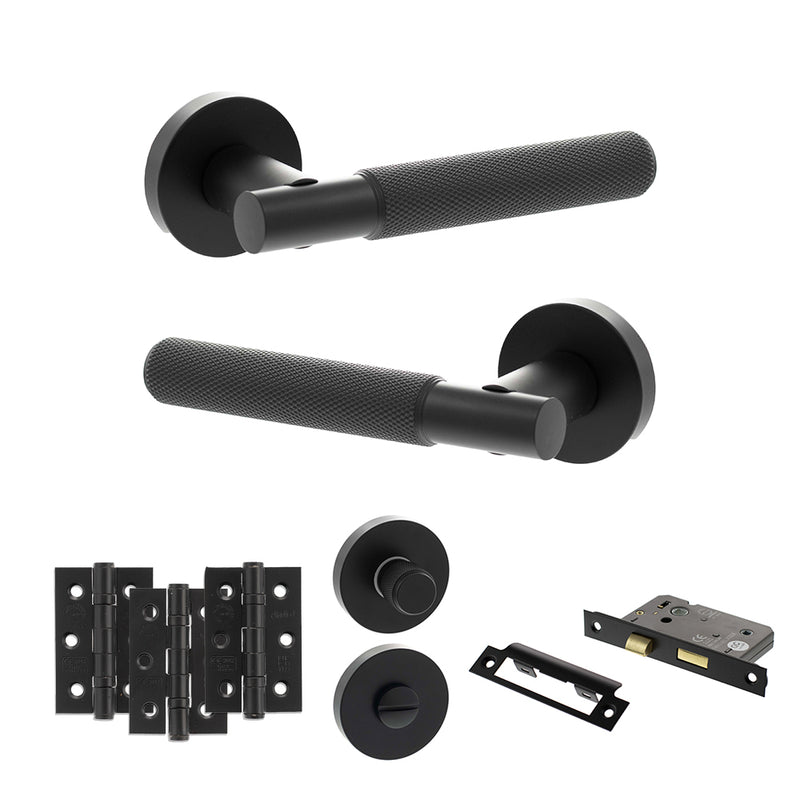 Senza Pari Rosarno Door Handle Pack (Bathroom Set - 3" CE Bathroom Lock, 3" Premium Hinges x3) - Matt Black