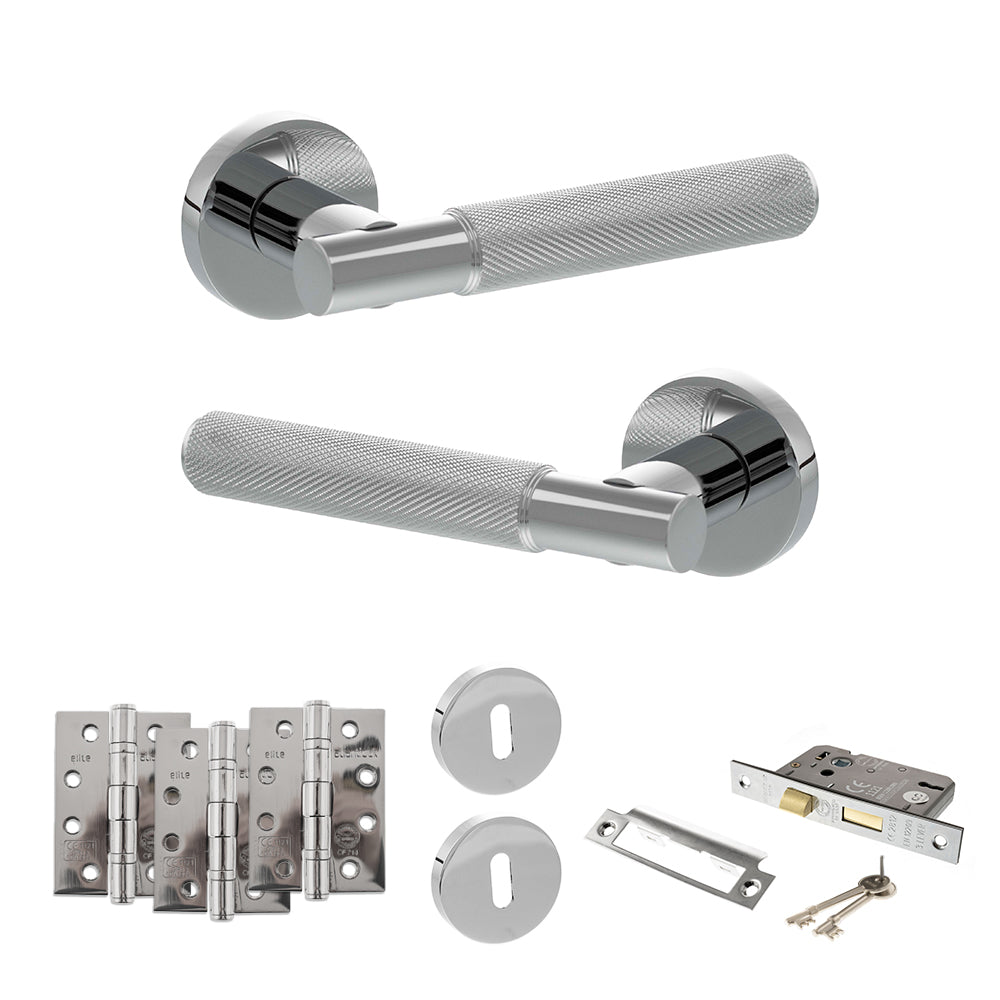 Senza Pari Rosarno Door Handle Pack (3 Lever Lock Set - 2.5" CE Sashlock, 4" Fire Rated Hinges x3) - Polished Chrome