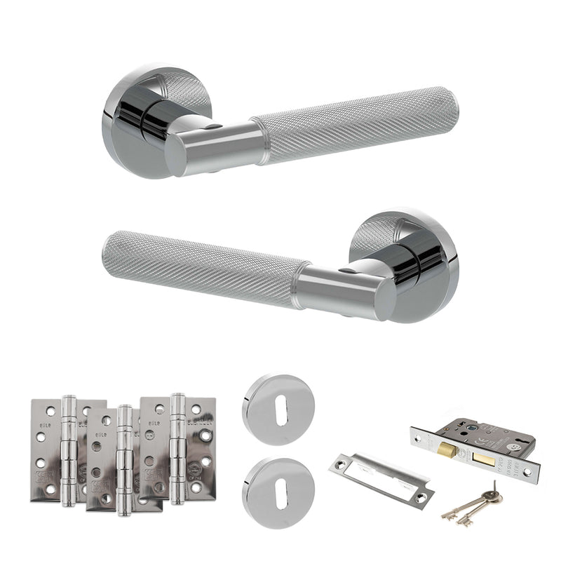 Senza Pari Rosarno Door Handle Pack (3 Lever Lock Set - 2.5" CE Sashlock, 4" Fire Rated Hinges x3) - Polished Chrome