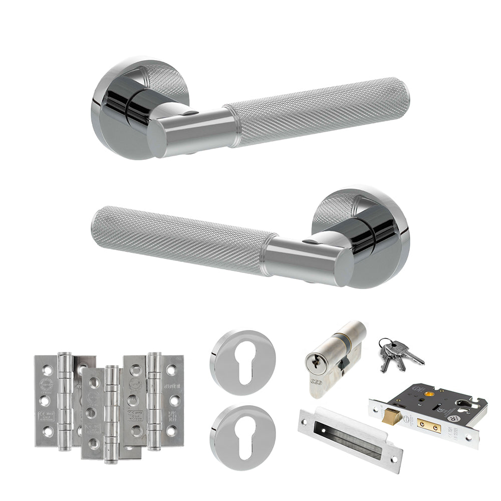 Senza Pari Rosarno Door Handle Pack (Euro Lock Set - 2.5" CE Sashlock, 3" Premium Hinges x3) - Polished Chrome