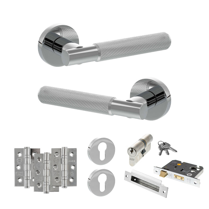 Senza Pari Rosarno Door Handle Pack (Euro Lock Set - 2.5" CE Sashlock, 3" Fire Rated Hinges x3) - Polished Chrome