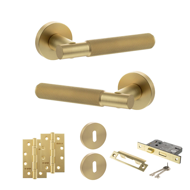 Senza Pari Rosarno Door Handle Pack (3 Lever Lock Set - 3" CE Sashlock, 4" Slim Knuckle Hinges x2) - Satin Brass
