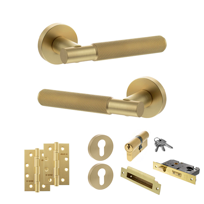 Senza Pari Rosarno Door Handle Pack (Euro Lock Set - 2.5" CE Sashlock, 4" Slim Knuckle Hinges x2) - Satin Brass